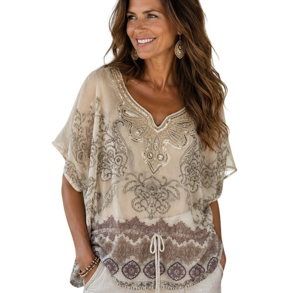 Cocomo Sequin Top Womens Medium Cream Paisley Tie Waist Sheer Kaftan Resortwear